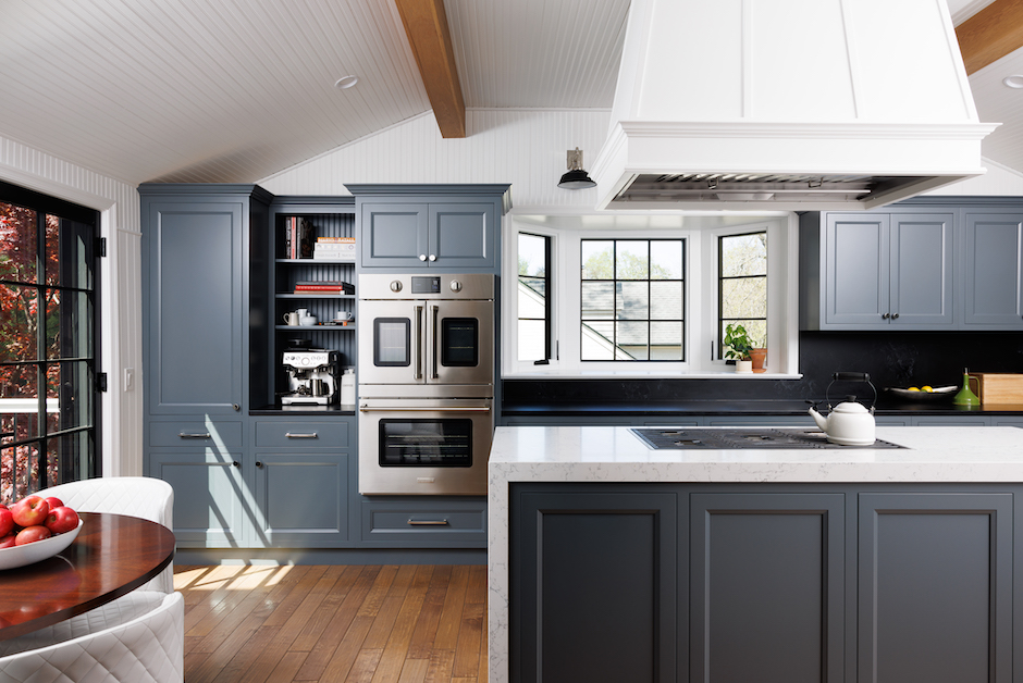 modern farmhouse kitchen with sloping ceiling
