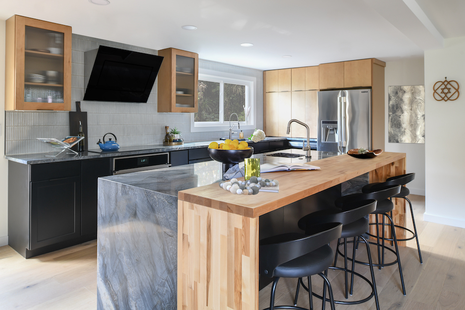 kitchen with island breakfast bar in designer's own home
