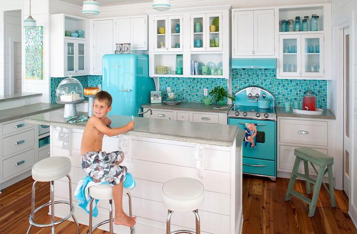 kitchen with turquoise retro appliances