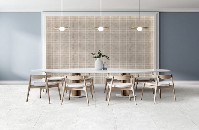 dining table and porcelain tile wall