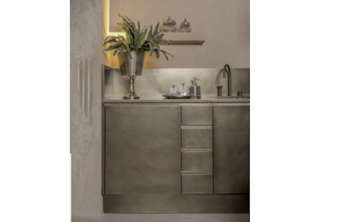 burnished steel kitchen cabinet