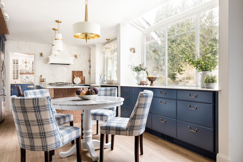 blue and white English cottage kitchen