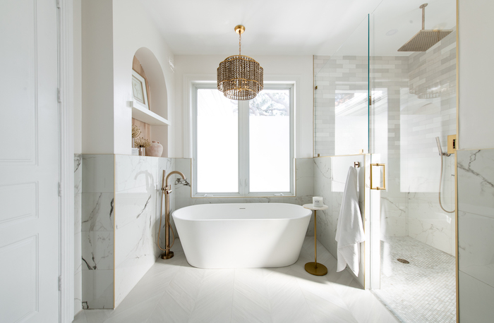 elegant modern white bathroom with tub