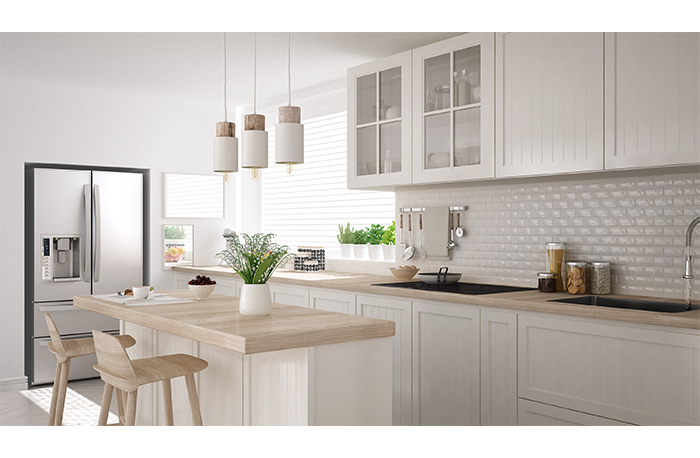 white kitchen with wood accents