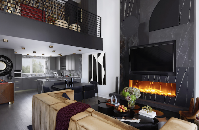 open plan floor plan loft with fireplace