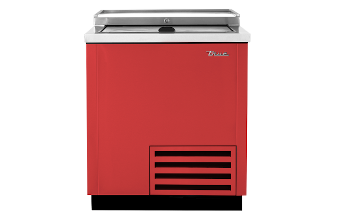 red slide-top beverage refrigerator true residential