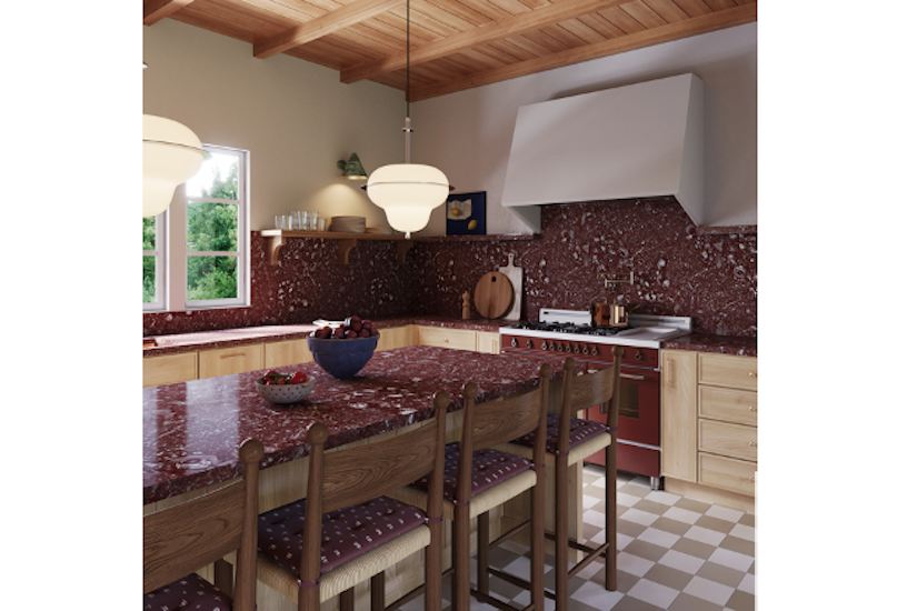 Burgundy and wood kitchen render by isla porter