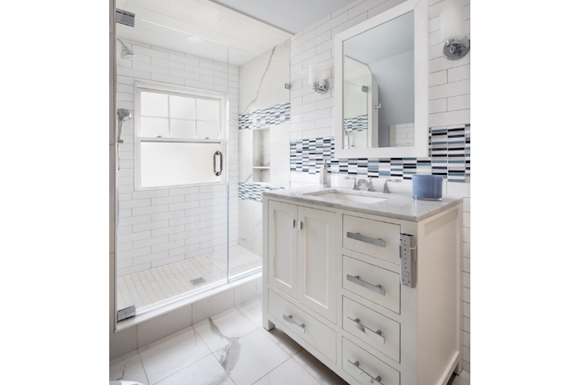 vanity and shower in guest bathroom