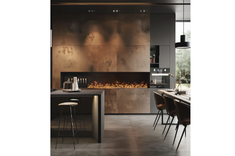 wall mounted fireplace in kitchen