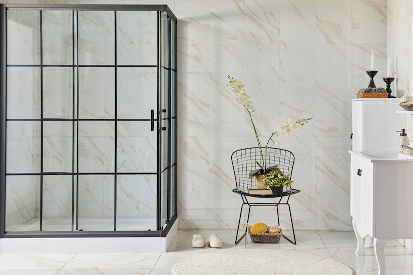 glass shower enclosure with black frame