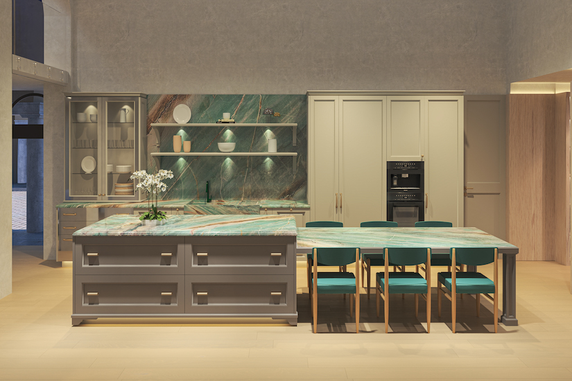 ornare colette kitchen with dining island and glass front wall cabinets