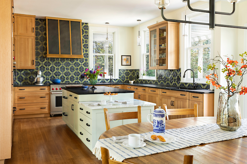 colorful kitchen with split-level island
