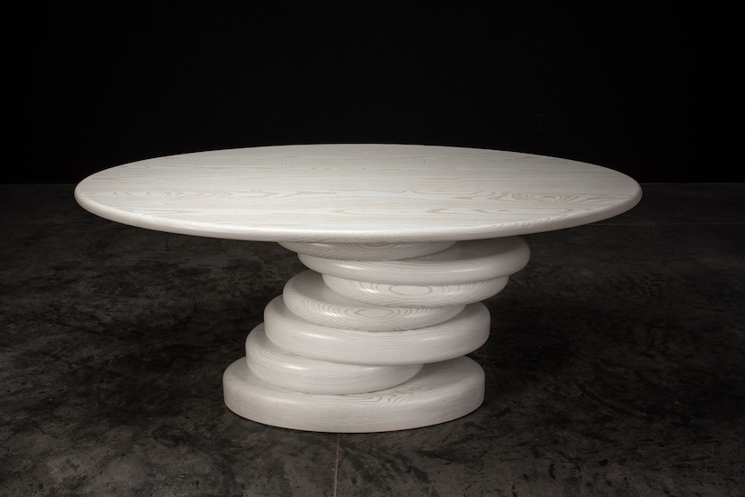 wooden table made of circular parts