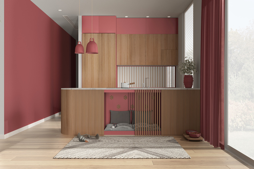 design for pets kitchen with built in pet bed