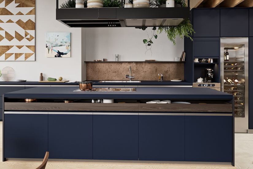 modern kitchen with dark blue color cabinets and walnut trim