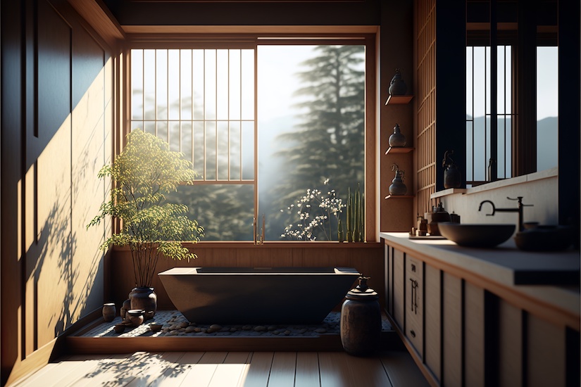 Japanese style sustainable bathroom with wood cabinets and view of a forest