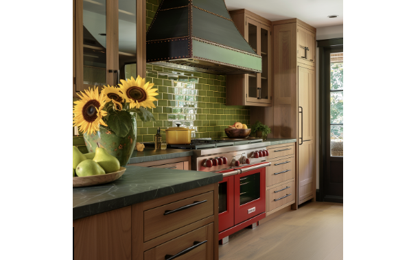 ai generated kitchen design with red range and sunflowers