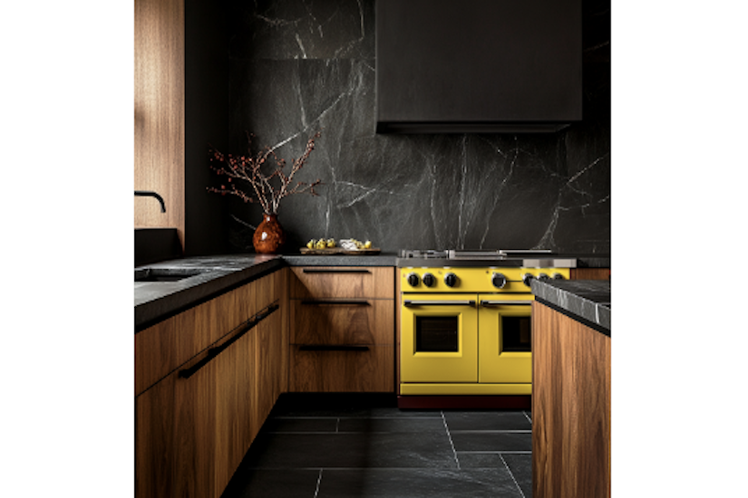 scan style kitchen with yellow range and dark stone walls
