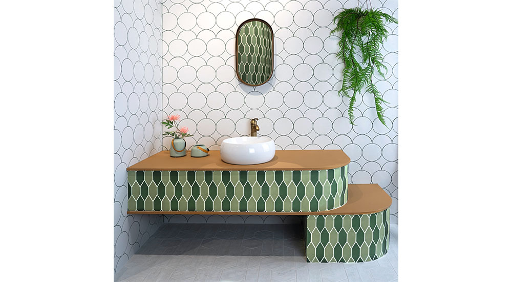 bathroom vanity covered in green geometric tile