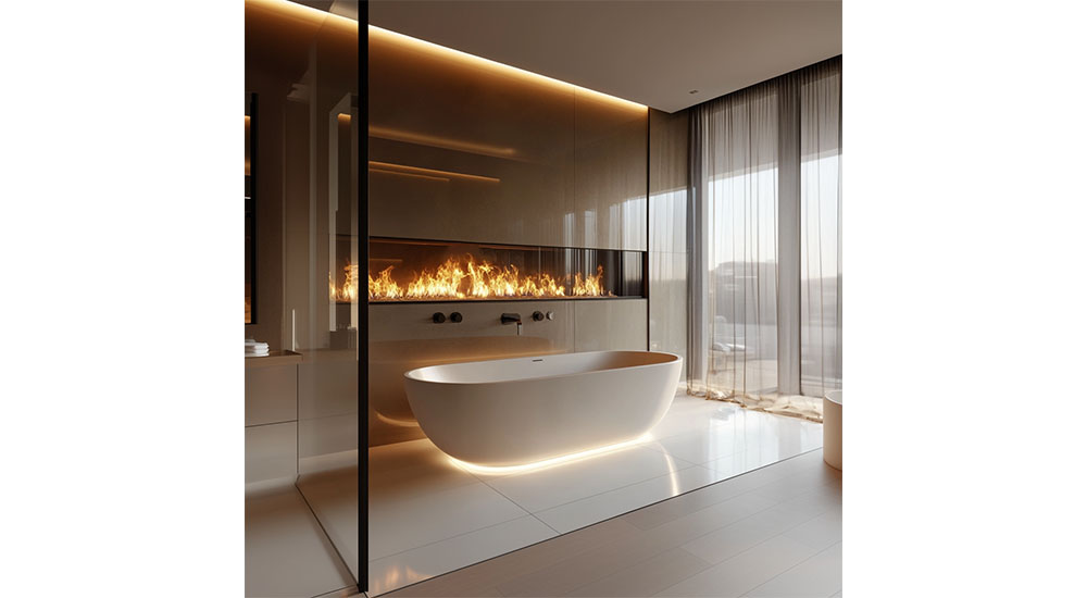 modern freestanding tub next to fire feature