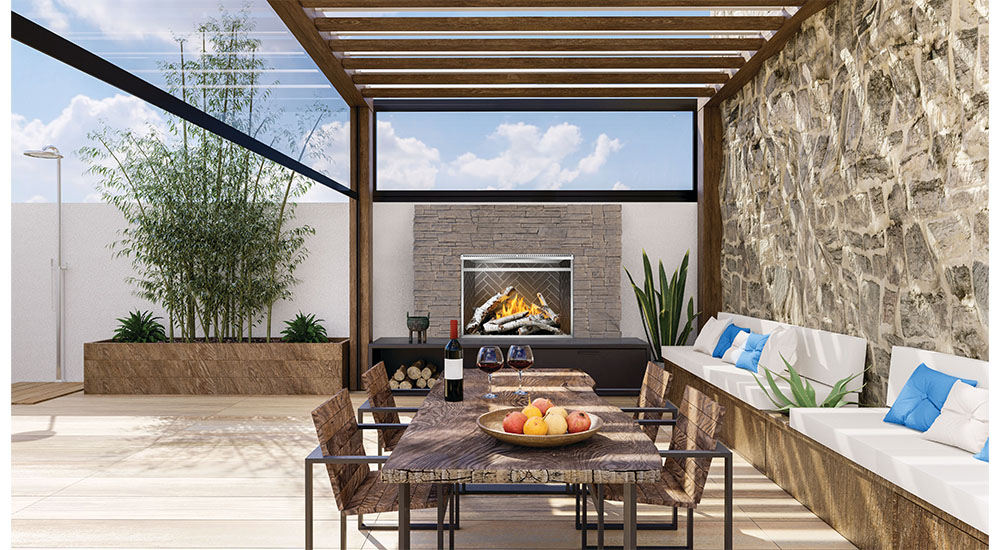 outdoor pergola with dining table and napoleon riverside outdoor gas fireplace