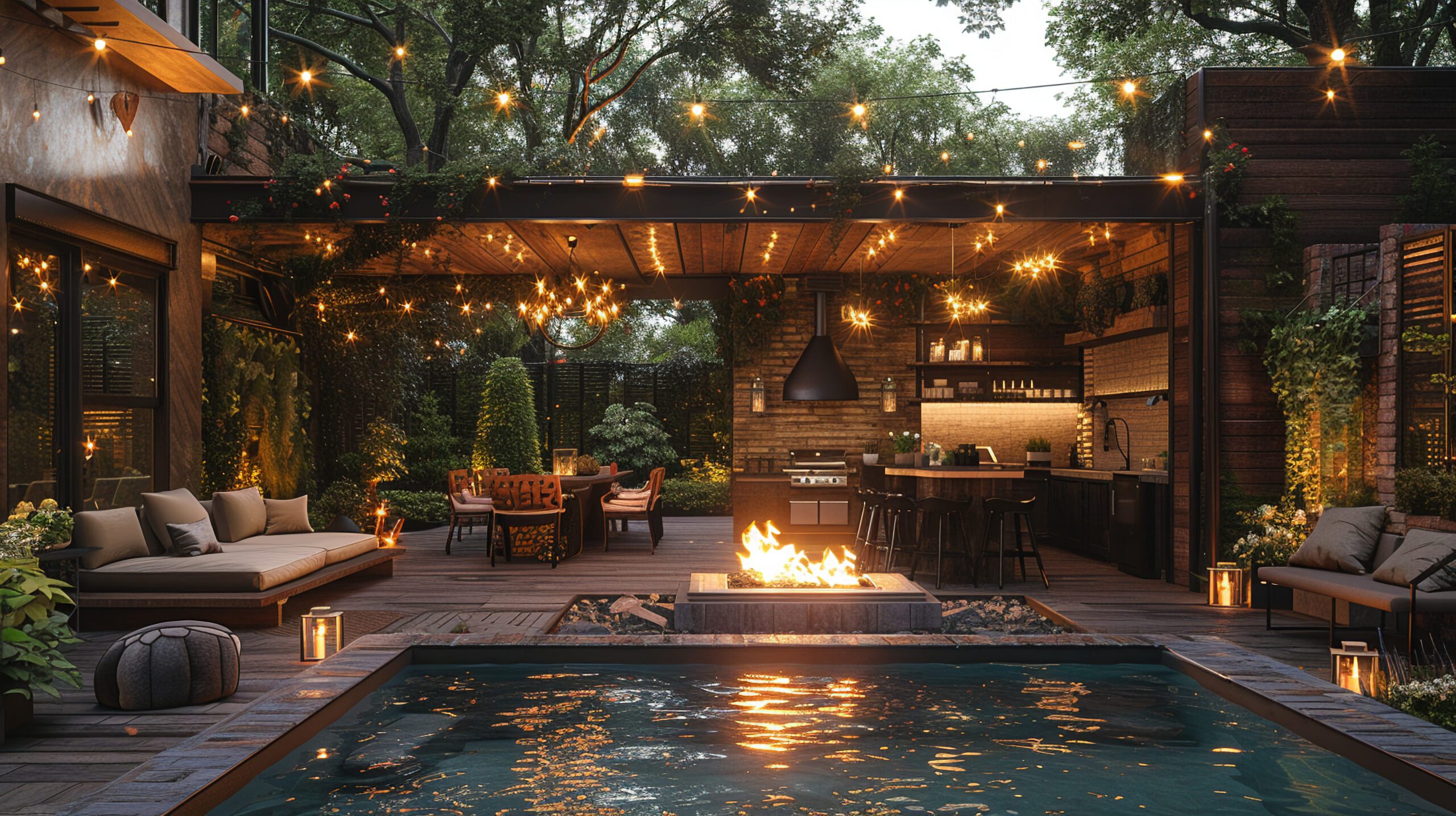 Rustic outdoor kitchen and dining area with a fire pit and string lights outdoor space for well-being