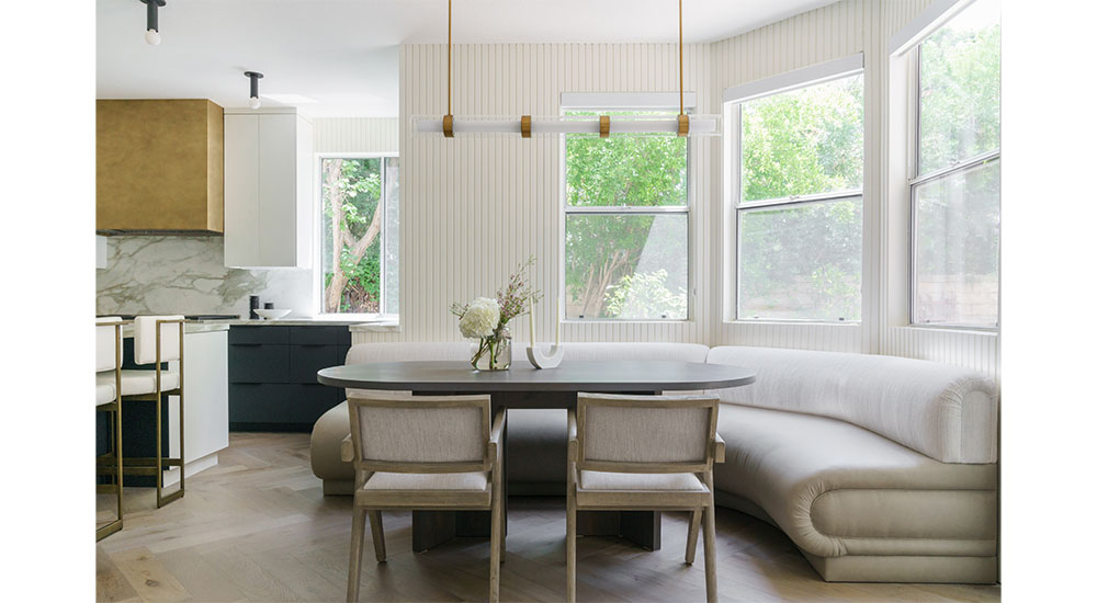 banquette in modern white cost-conscious kitchen