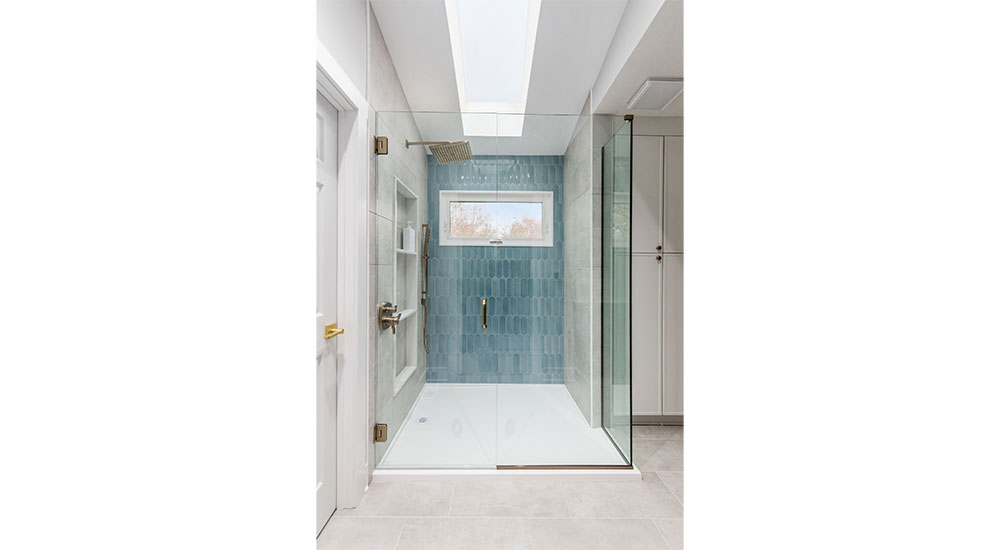 shower with aqua zellige tile