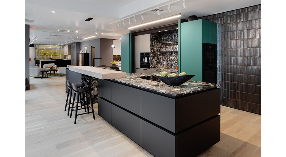 green modern poggenpohl kitchen cabinets with gray island