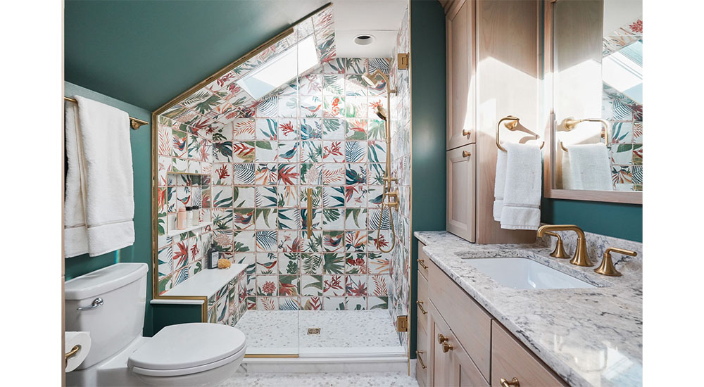 attic bath with pattern tile shower enclosure
