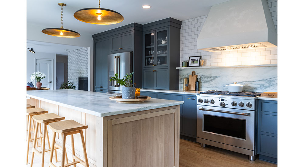 transitional kitchen with blue and natural wood cabinets central Ohio nkba
