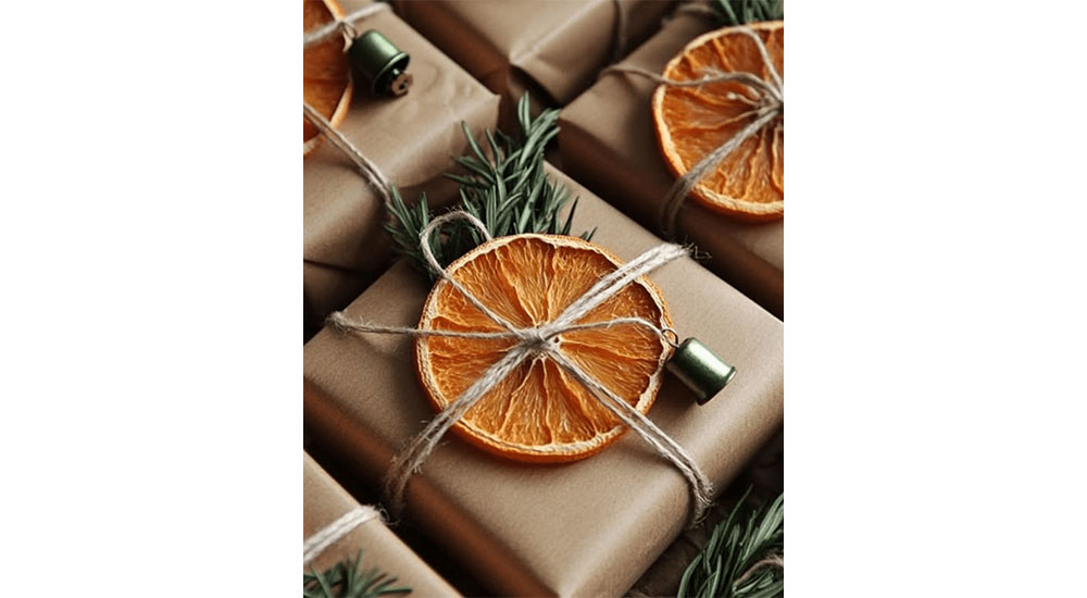 holiday gift wrap with dried orange and Kraft paper
