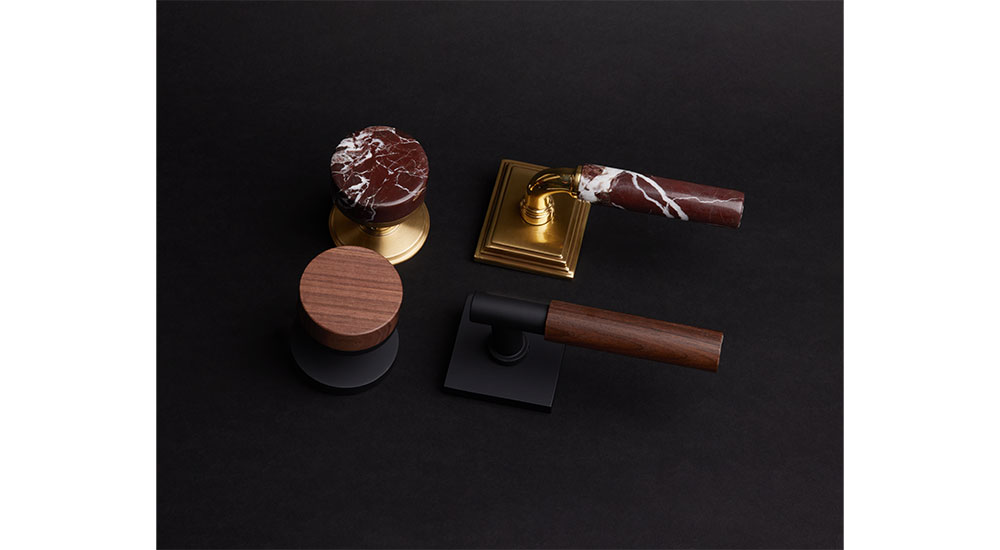 Emtek Select DoorKnob in Unlacquered Brass and Walnut and the Emtek Select Door Lever in Satin Brass & Rosso Levanto
