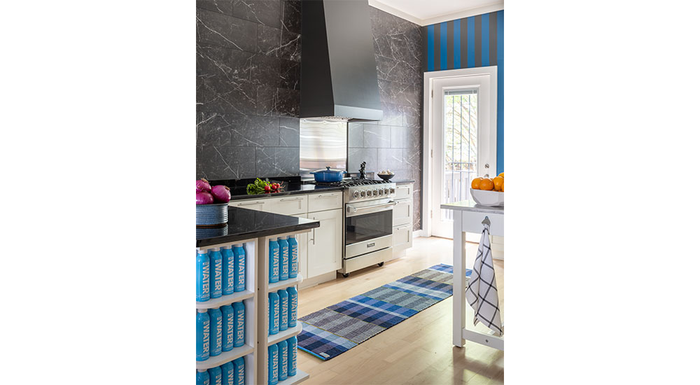kitchen with blue striped walls