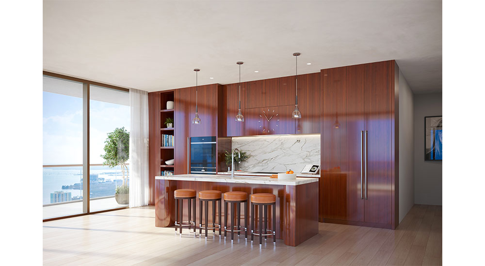 model kitchen with dark cabinets in cipriani Miami