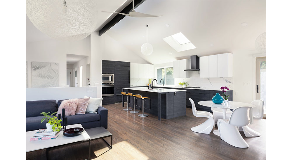 cool tone shot sugi ban kitchen cabinets in black and white modern kitchen