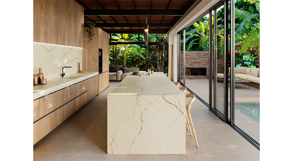 kitchen island clad in coverlam by grespania at nkba global connect kbis