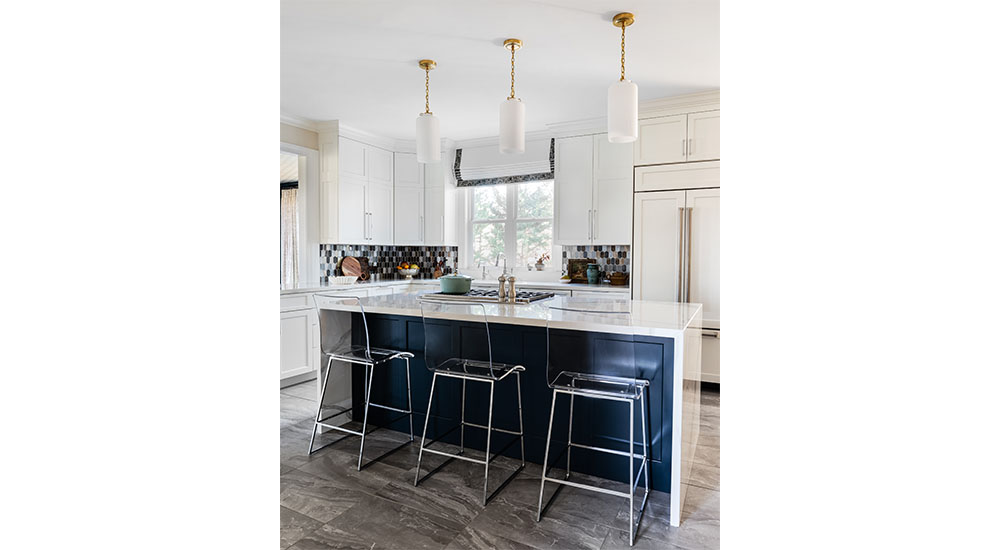 white and blue kitchen for vegetarian cooking