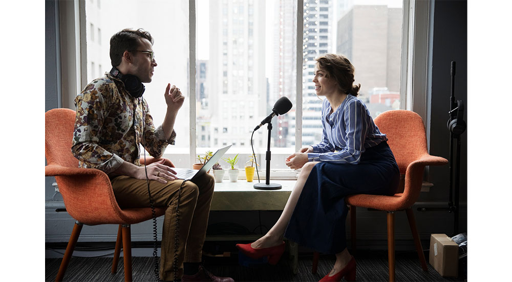 podcast recording with man and woman