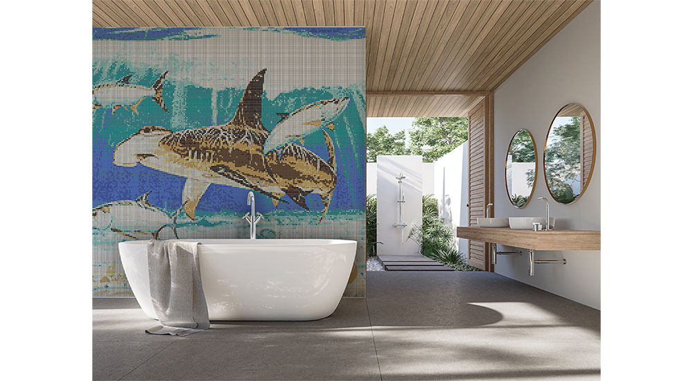 aortic tile mosaic in primary bath