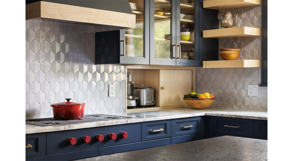 appliance garage and open storage shelves in kitchen