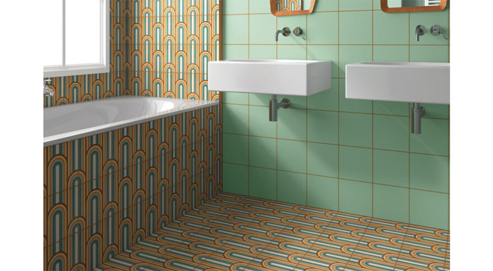 groovy tile by cevica installed in 70s style bathroom