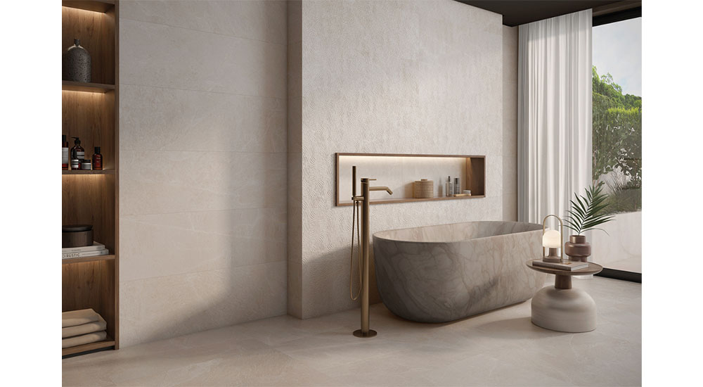 tiled storage niche near freestanding bathtub