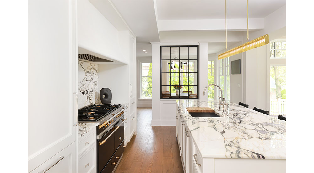 white modern colonial kitchen with interior window divider