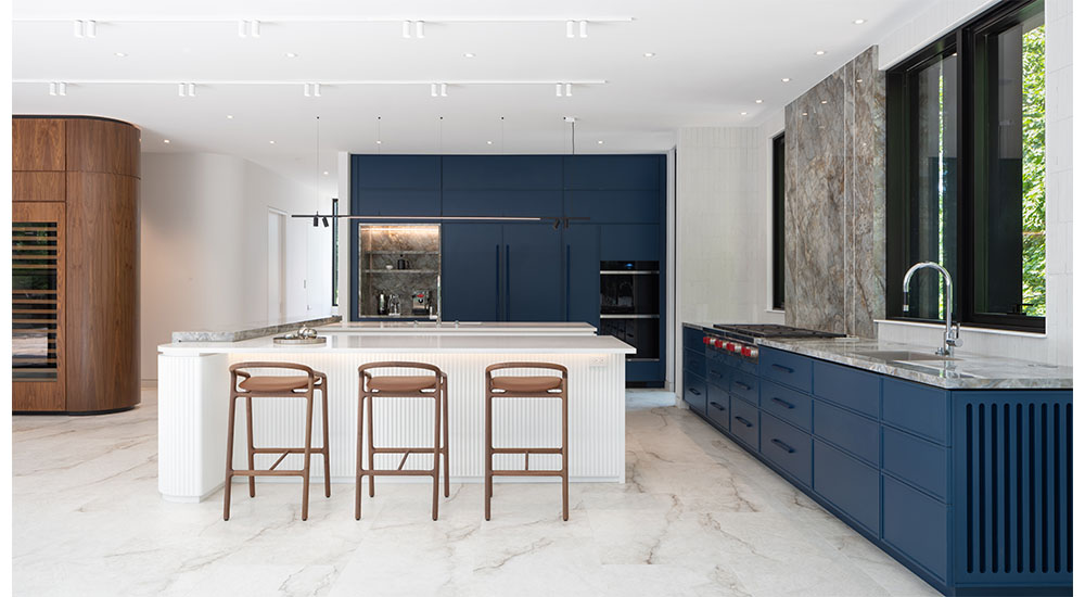 ceramics of Italy contemporary kitchen with stone and blue cabinets