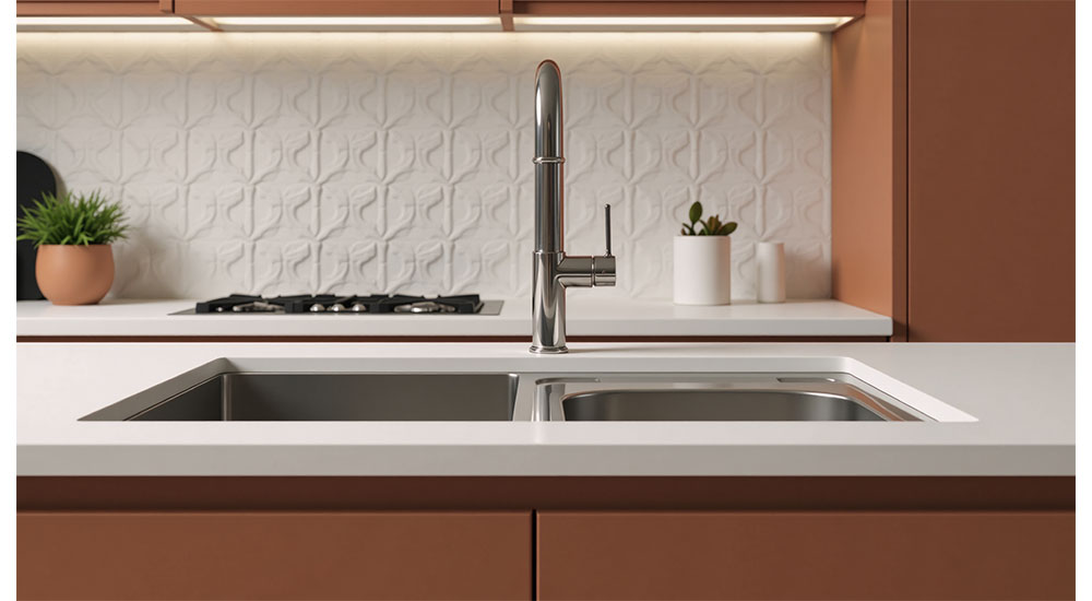kitchen cabinets in biophilic color textured tile backsplash