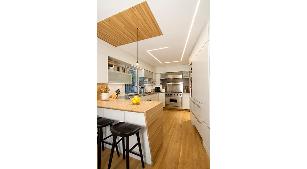 mud-in ceiling light in midcentury modern kitchen