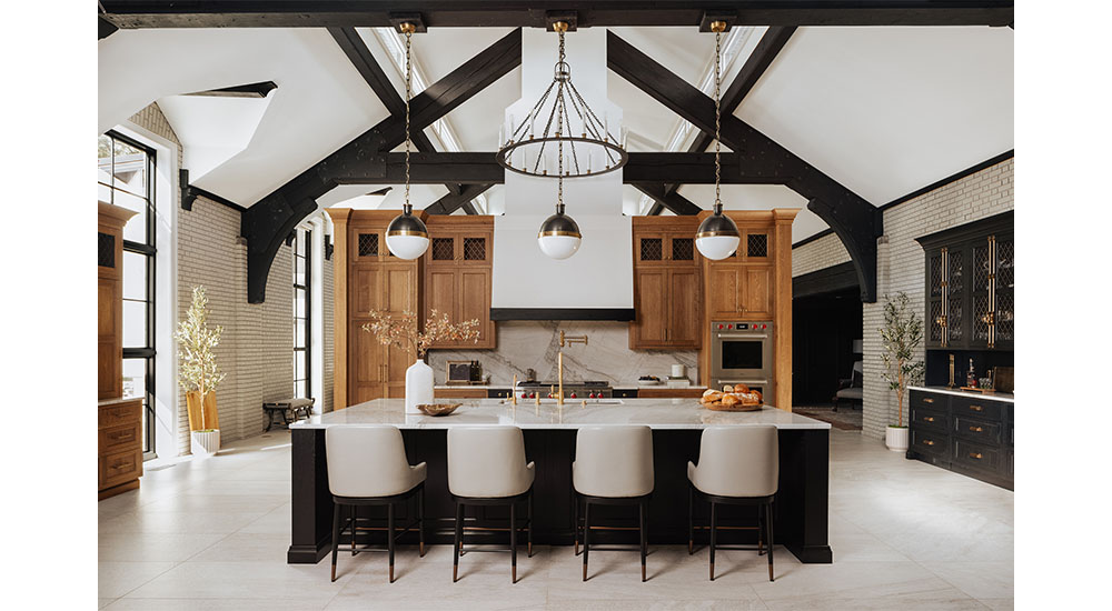 cabinets in kitchen with beamed ceiling