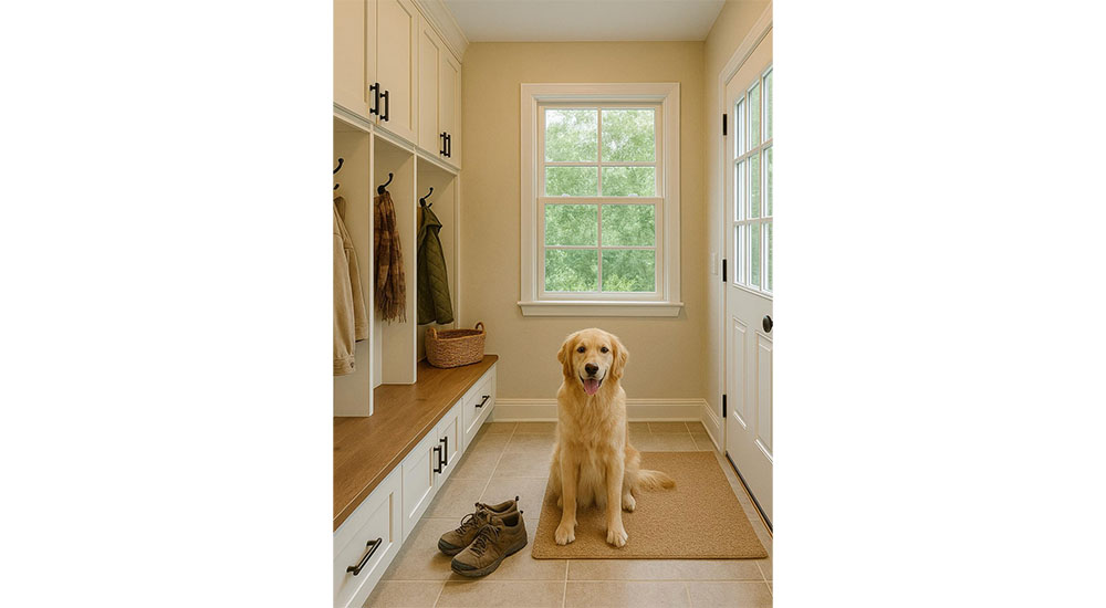 dog in mudrom with bench and closets