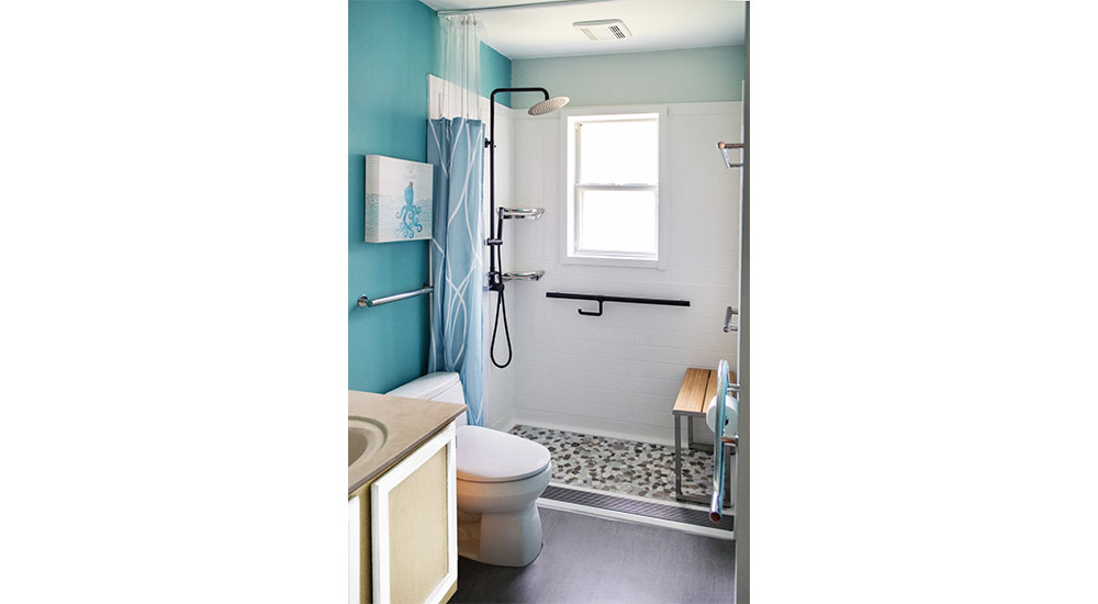 kbis aging in place talk accessible shower with seat, grab bars and handsower